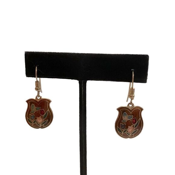 Vintage 80’s Cloisonné Floral Dangle Earrings - Picture 1 of 4